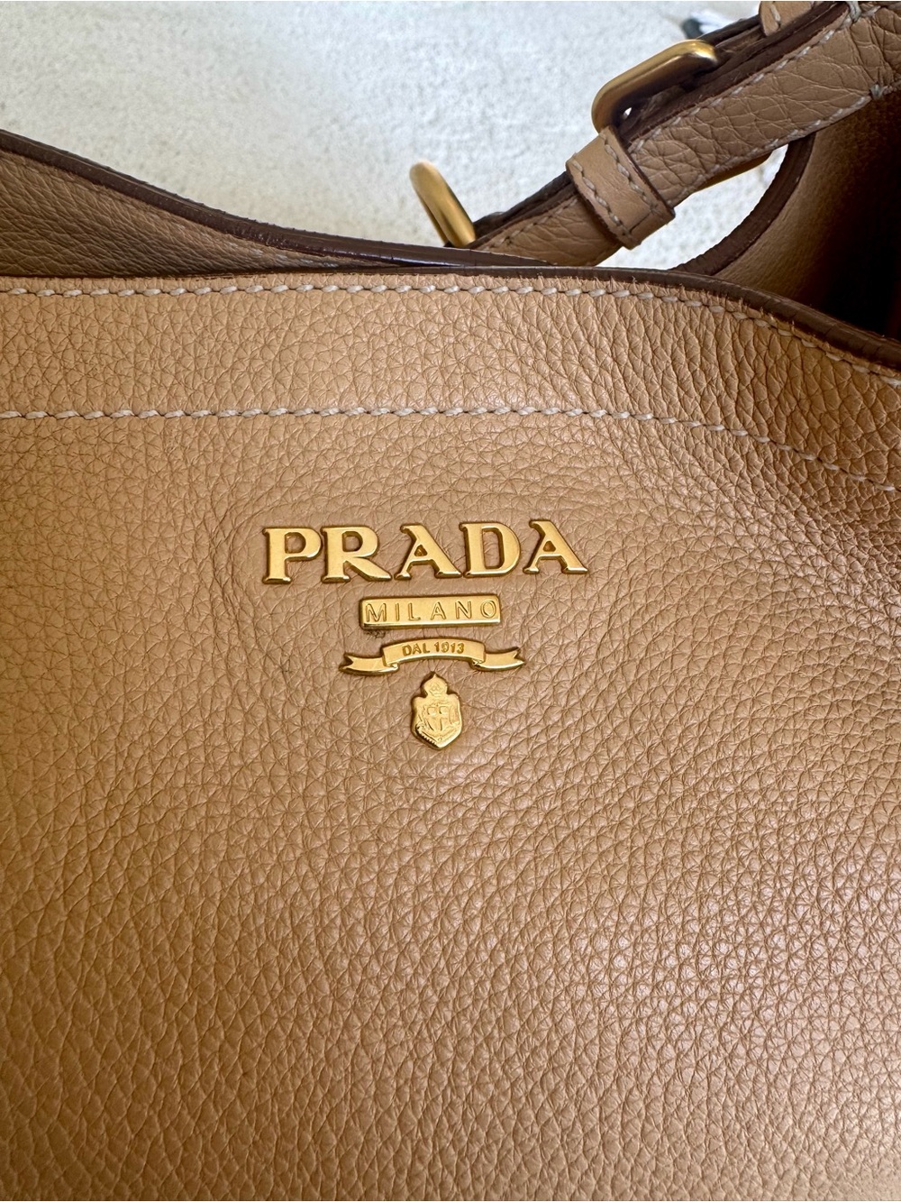 PRADA Vitello Daino Leather Side Pocket Hobo Shoulder Bag - Beige/Camel Gold - Picture 10 of 10